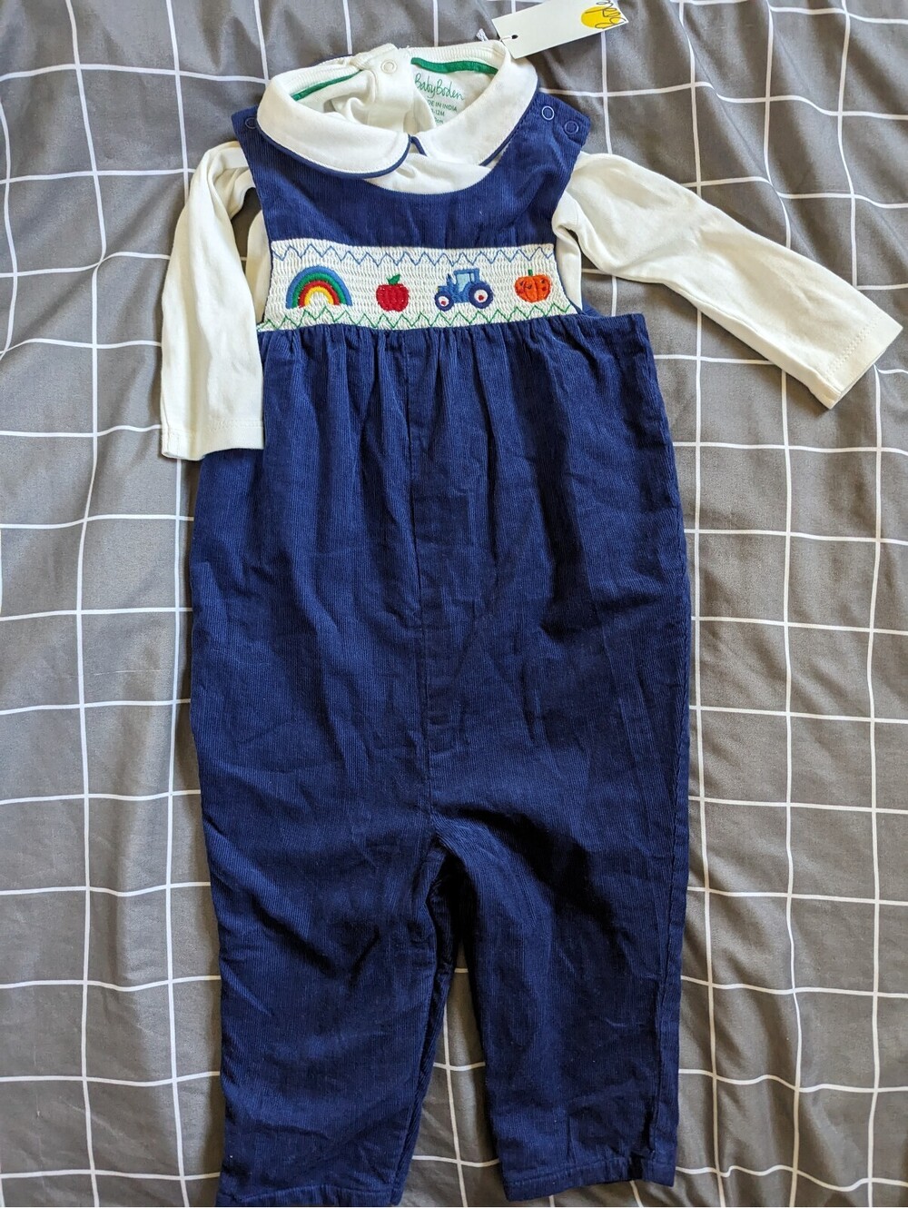 Boden rainbow tractor pumpkin dungarees overall set